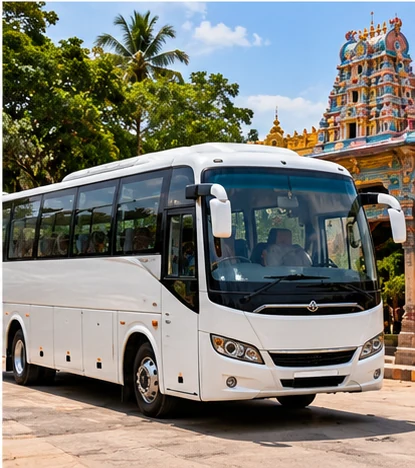 White tourist coach near a temple