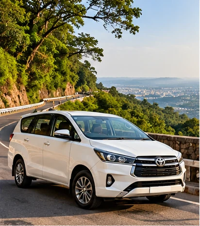 White SUV on a green hill road